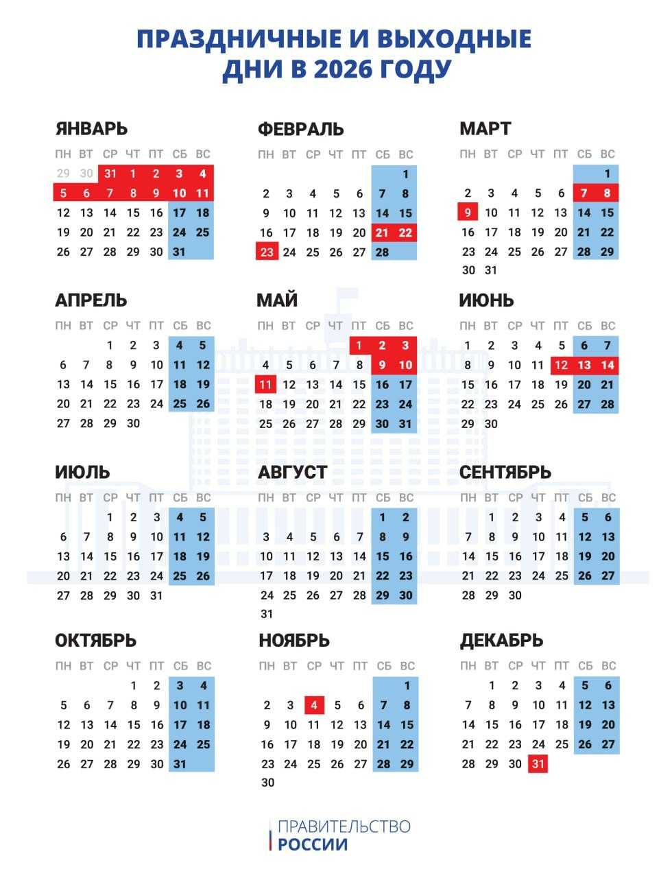Как россияне будут отдыхать в 2026 году: правительство утвердило график